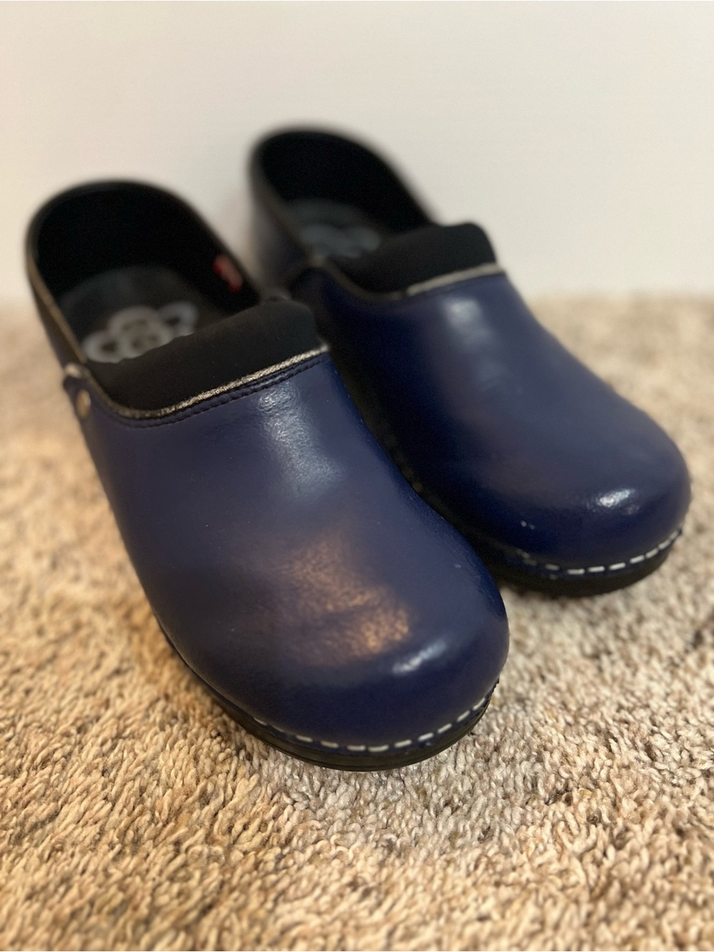 Sanita Navy Blue Leather Slip-On Clogs